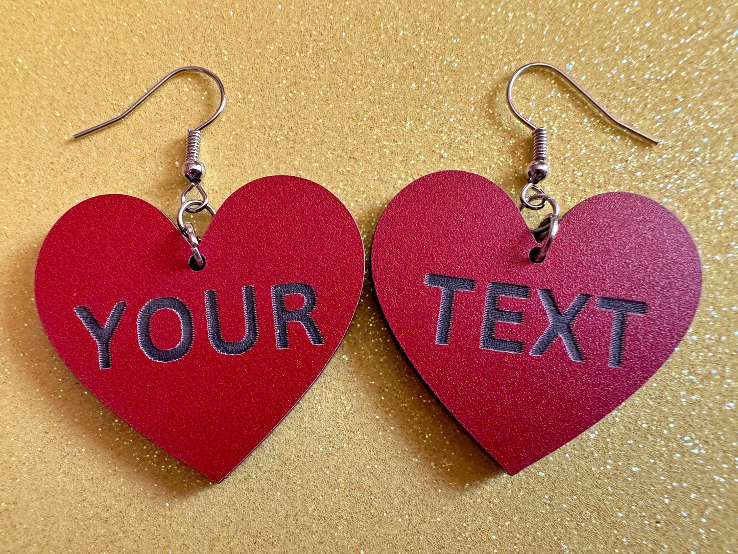 Custom Text Earrings: Laser Engraved Words, Red with Black Text, Letters, Names, Teacher Gift, Anniversary, Best Gifts for Her/Him/Them