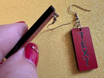 Custom Text Earrings: Laser Engraved Words, Red with Black Text, Letters, Names, Teacher Gift, Anniversary, Best Gifts for Her/Him/Them