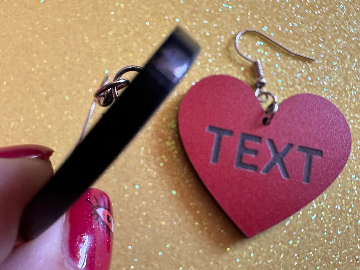 Custom Text Earrings: Laser Engraved Words, Red with Black Text, Letters, Names, Teacher Gift, Anniversary, Best Gifts for Her/Him/Them
