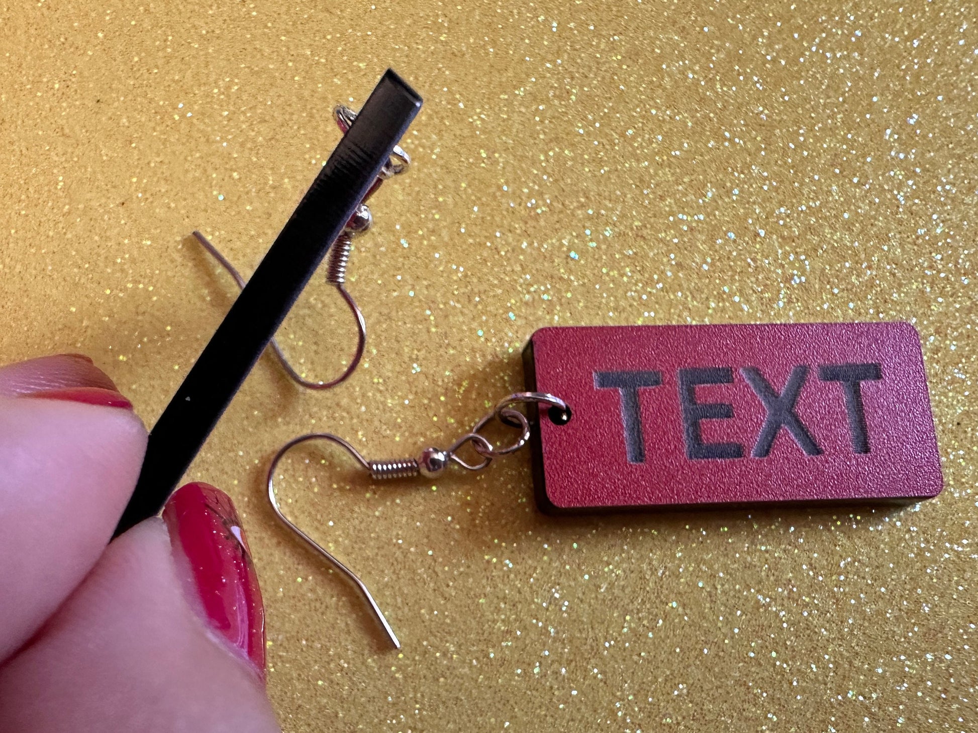 Custom Text Earrings: Laser Engraved Words, Red with Black Text, Letters, Names, Teacher Gift, Anniversary, Best Gifts for Her/Him/Them