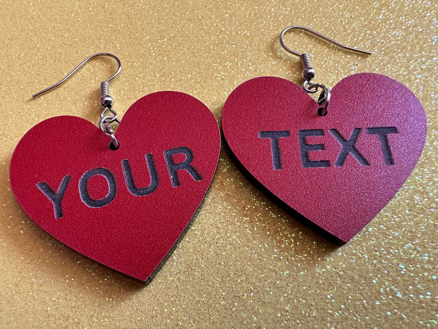 Custom Text Earrings: Laser Engraved Words, Red with Black Text, Letters, Names, Teacher Gift, Anniversary, Best Gifts for Her/Him/Them