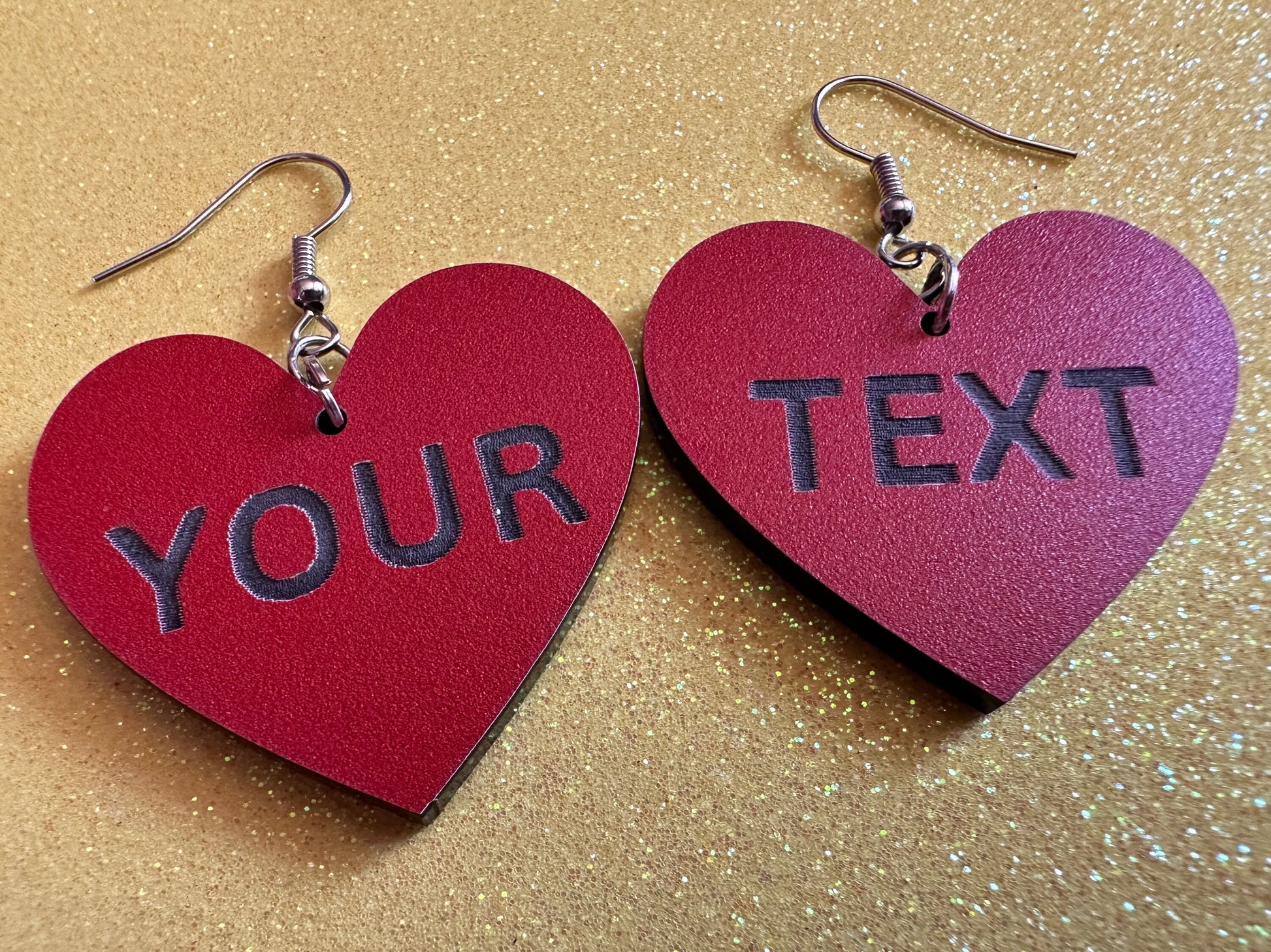 Custom Text Earrings: Laser Engraved Words, Red with Black Text, Letters, Names, Teacher Gift, Anniversary, Best Gifts for Her/Him/Them