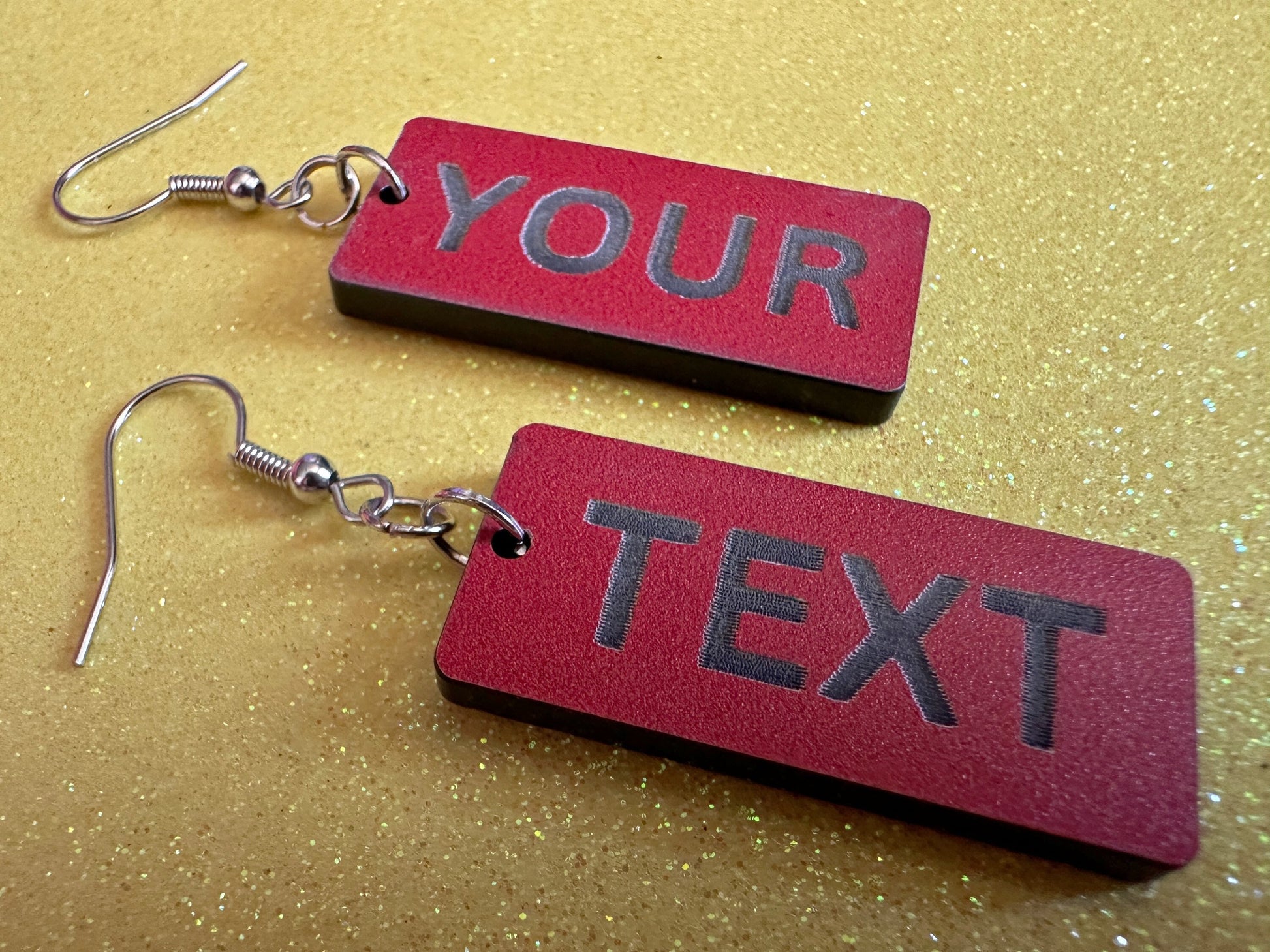 Custom Text Earrings: Laser Engraved Words, Red with Black Text, Letters, Names, Teacher Gift, Anniversary, Best Gifts for Her/Him/Them