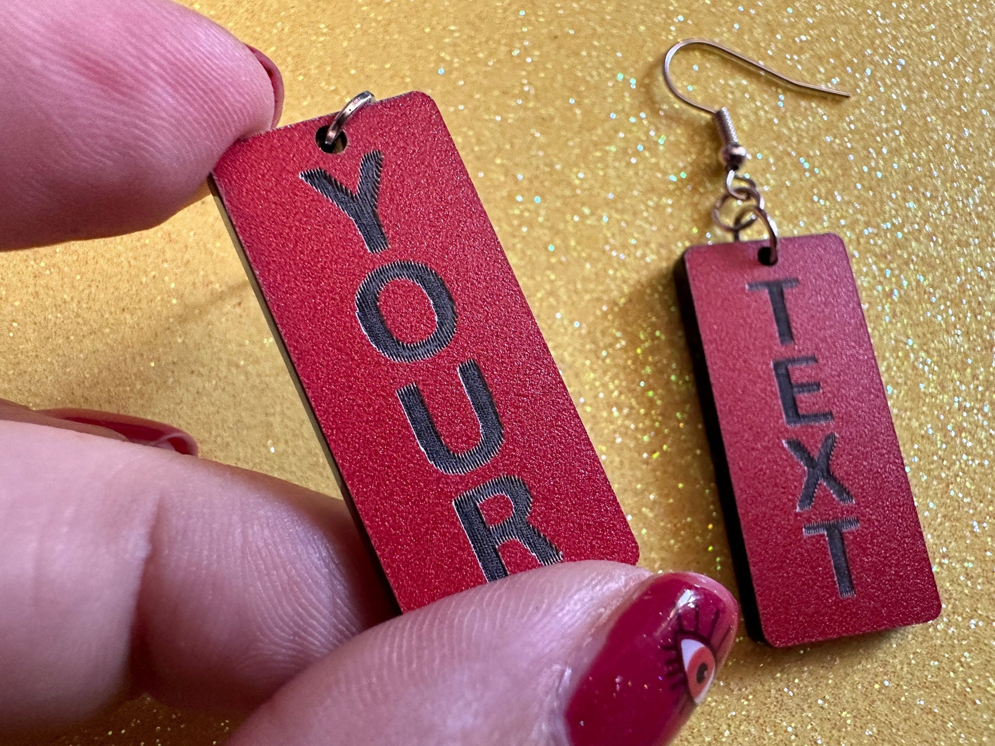 Custom Text Earrings: Laser Engraved Words, Red with Black Text, Letters, Names, Teacher Gift, Anniversary, Best Gifts for Her/Him/Them
