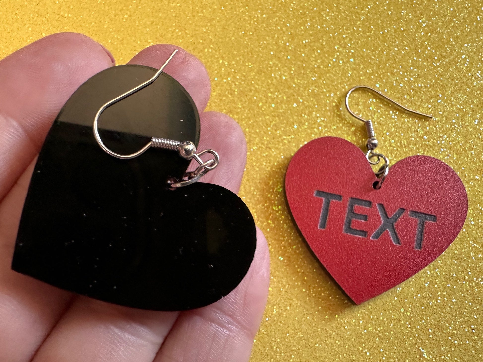 Custom Text Earrings: Laser Engraved Words, Red with Black Text, Letters, Names, Teacher Gift, Anniversary, Best Gifts for Her/Him/Them