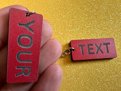 Custom Text Earrings: Laser Engraved Words, Red with Black Text, Letters, Names, Teacher Gift, Anniversary, Best Gifts for Her/Him/Them