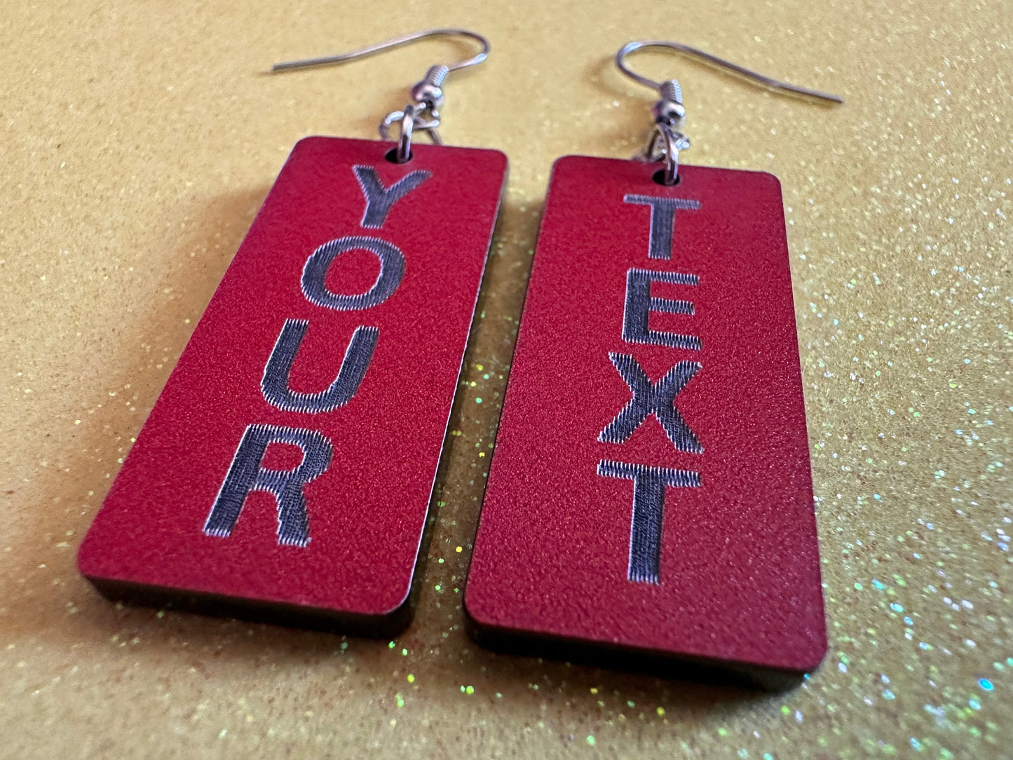 Custom Text Earrings: Laser Engraved Words, Red with Black Text, Letters, Names, Teacher Gift, Anniversary, Best Gifts for Her/Him/Them