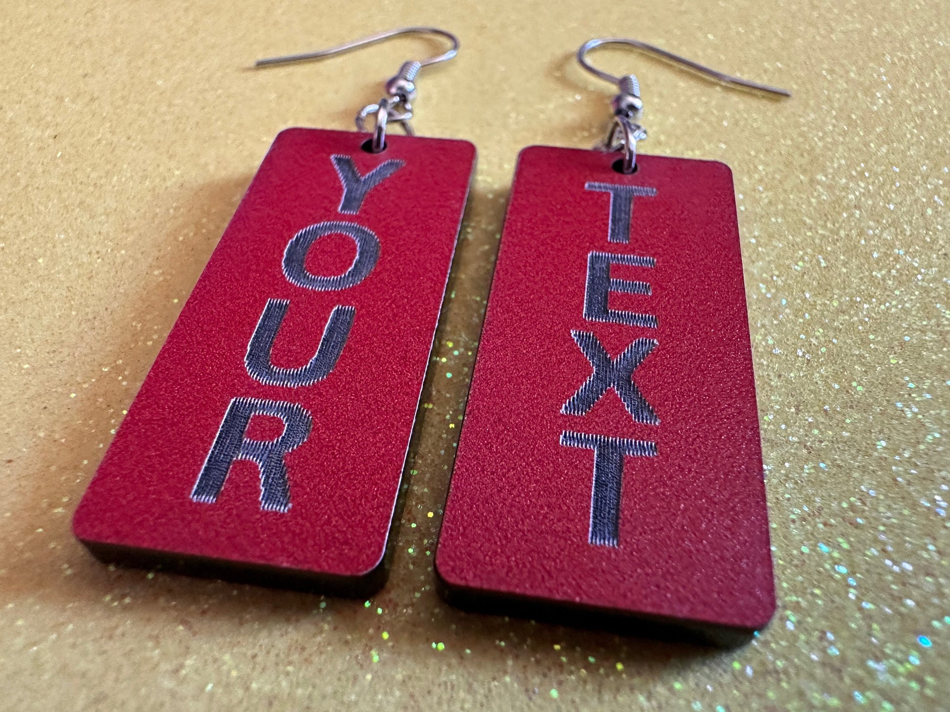 Custom Text Earrings: Laser Engraved Words, Red with Black Text, Letters, Names, Teacher Gift, Anniversary, Best Gifts for Her/Him/Them