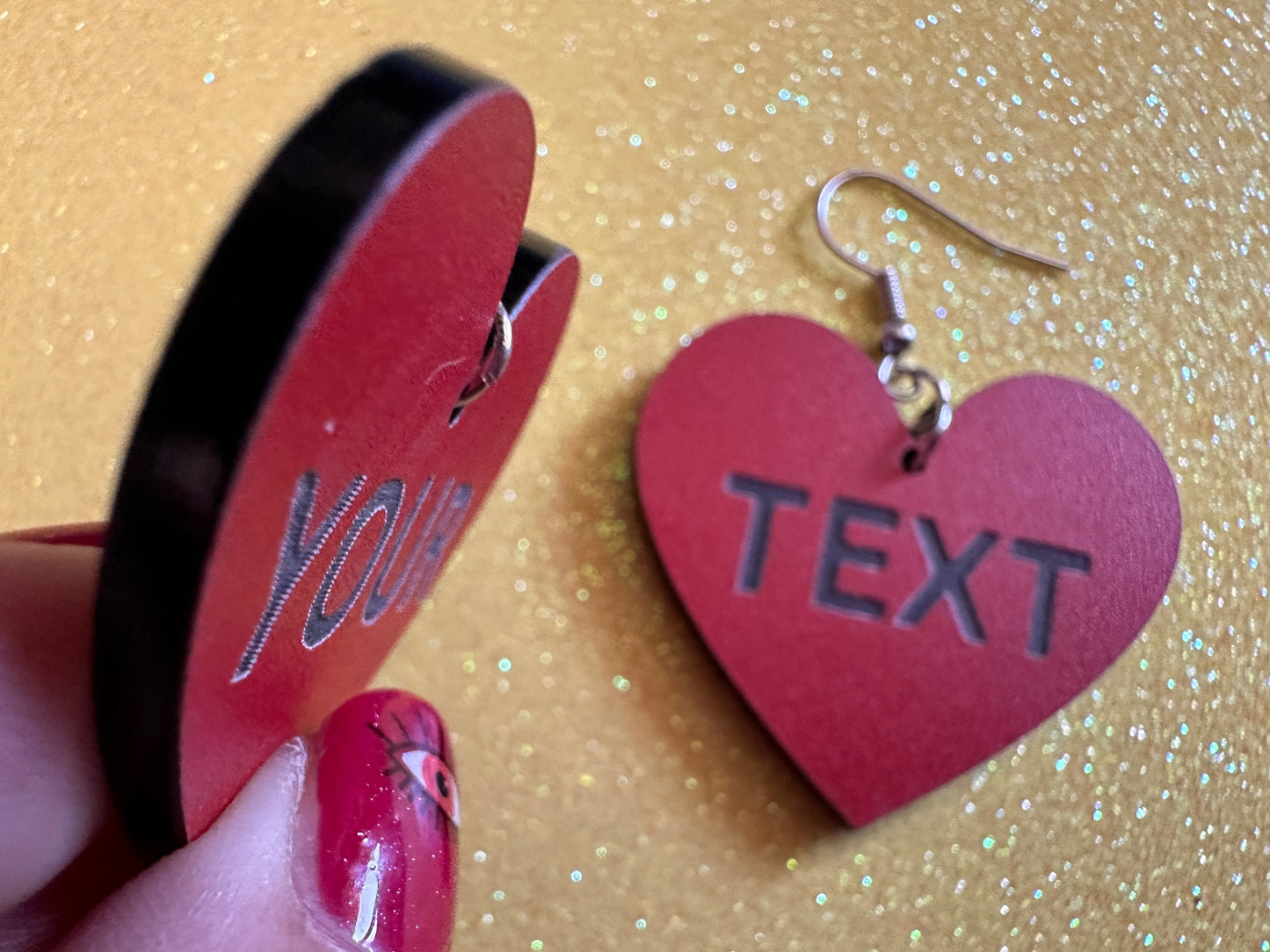 Custom Text Earrings: Laser Engraved Words, Red with Black Text, Letters, Names, Teacher Gift, Anniversary, Best Gifts for Her/Him/Them