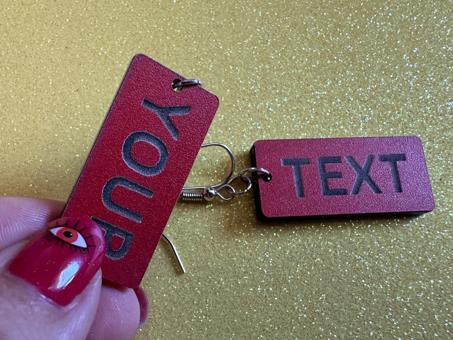Custom Text Earrings: Laser Engraved Words, Red with Black Text, Letters, Names, Teacher Gift, Anniversary, Best Gifts for Her/Him/Them