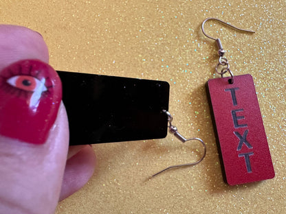 Custom Text Earrings: Laser Engraved Words, Red with Black Text, Letters, Names, Teacher Gift, Anniversary, Best Gifts for Her/Him/Them