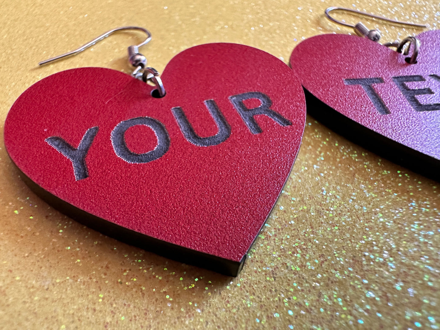 Custom Text Earrings: Laser Engraved Words, Red with Black Text, Letters, Names, Teacher Gift, Anniversary, Best Gifts for Her/Him/Them