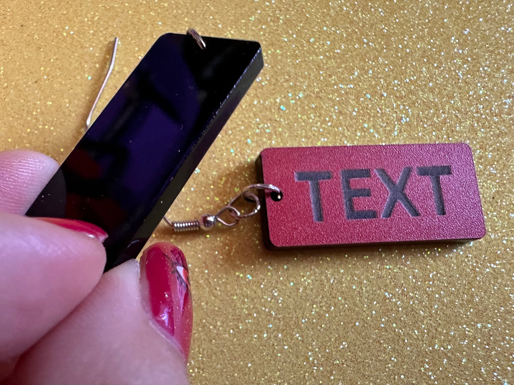 Custom Text Earrings: Laser Engraved Words, Red with Black Text, Letters, Names, Teacher Gift, Anniversary, Best Gifts for Her/Him/Them
