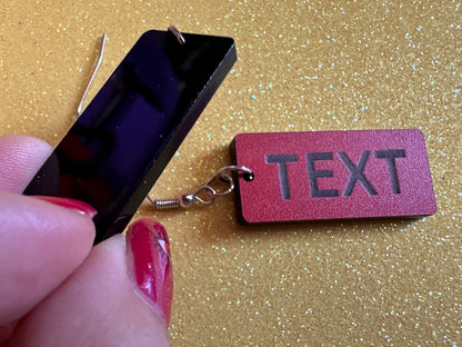 Custom Text Earrings: Laser Engraved Words, Red with Black Text, Letters, Names, Teacher Gift, Anniversary, Best Gifts for Her/Him/Them