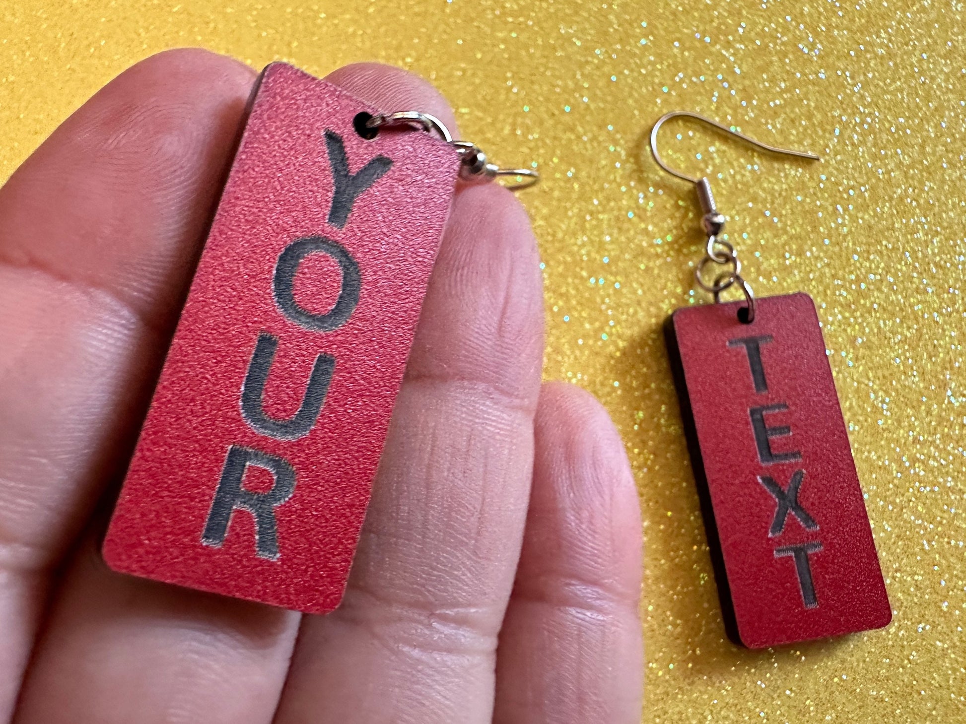 Custom Text Earrings: Laser Engraved Words, Red with Black Text, Letters, Names, Teacher Gift, Anniversary, Best Gifts for Her/Him/Them