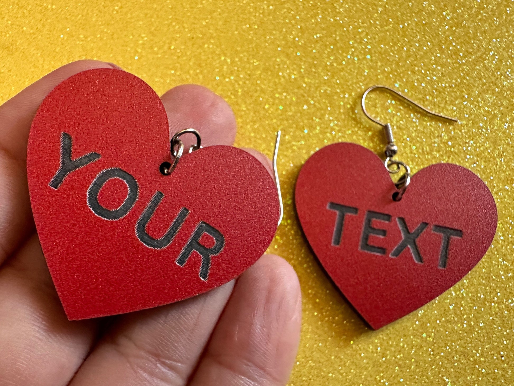 Custom Text Earrings: Laser Engraved Words, Red with Black Text, Letters, Names, Teacher Gift, Anniversary, Best Gifts for Her/Him/Them