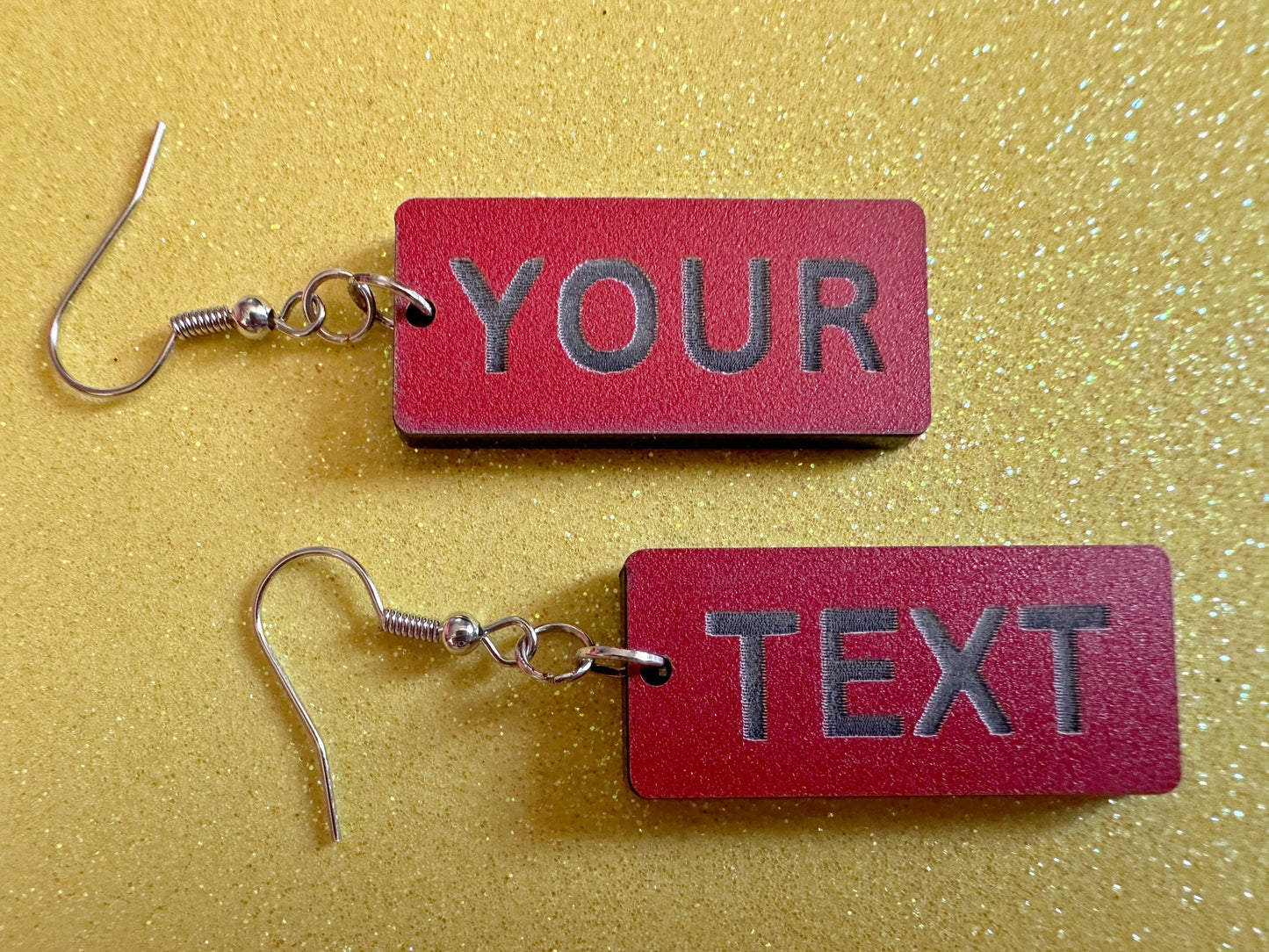 Custom Text Earrings: Laser Engraved Words, Red with Black Text, Letters, Names, Teacher Gift, Anniversary, Best Gifts for Her/Him/Them