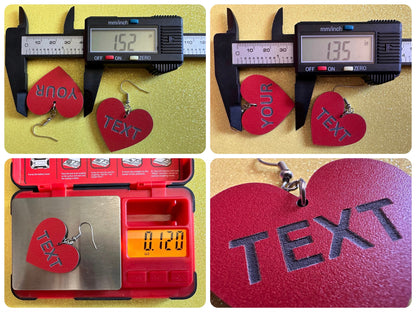 Custom Text Earrings: Laser Engraved Words, Red with Black Text, Letters, Names, Teacher Gift, Anniversary, Best Gifts for Her/Him/Them