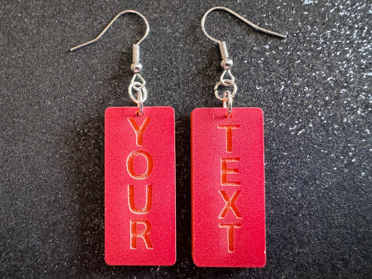 Custom Text Earrings: Laser Engraved Words, Red with Orange Text, Letters, Names, Teacher Gift, Anniversary, Best Gifts for Her/Him/Them