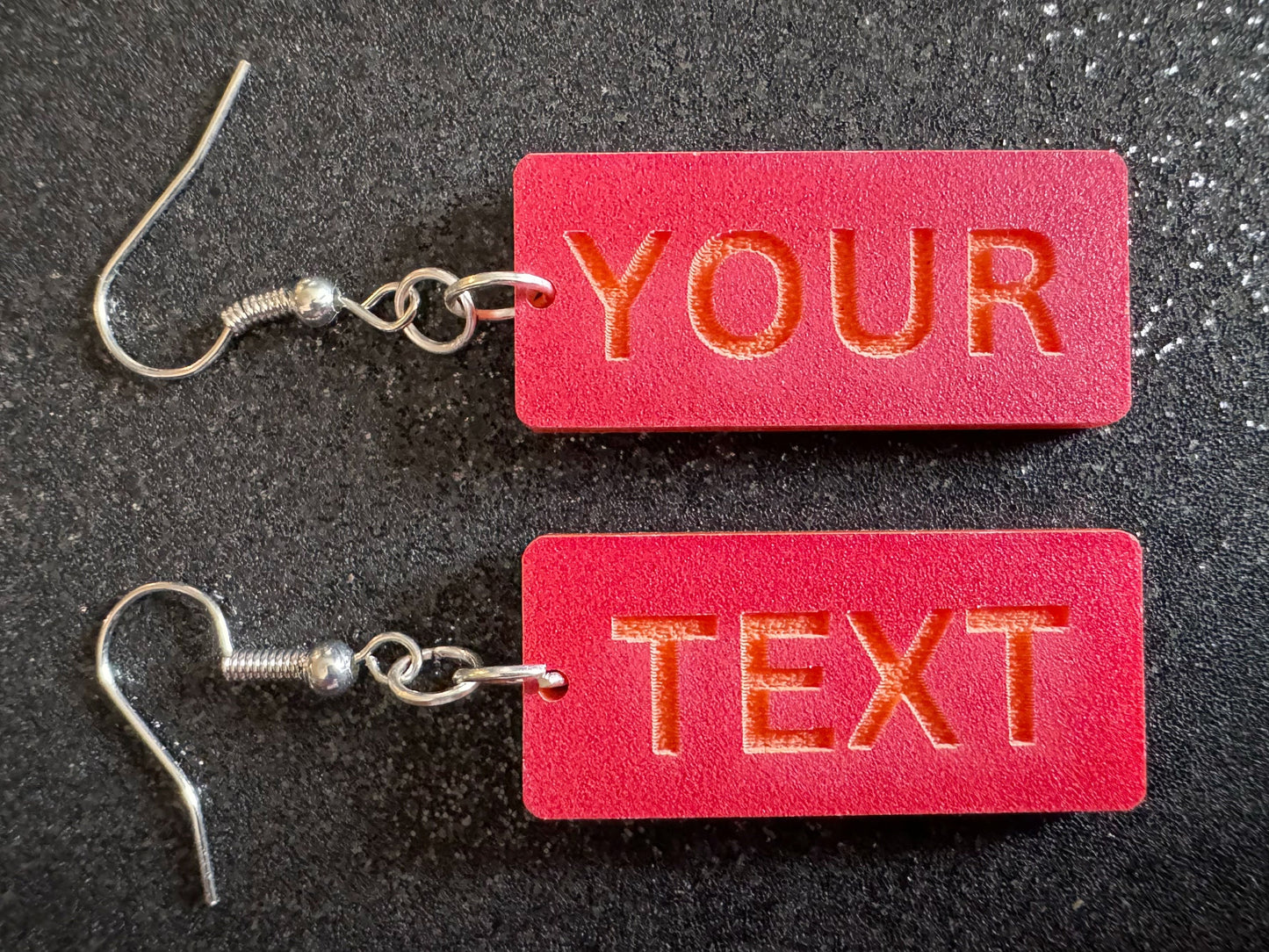 Custom Text Earrings: Laser Engraved Words, Red with Orange Text, Letters, Names, Teacher Gift, Anniversary, Best Gifts for Her/Him/Them
