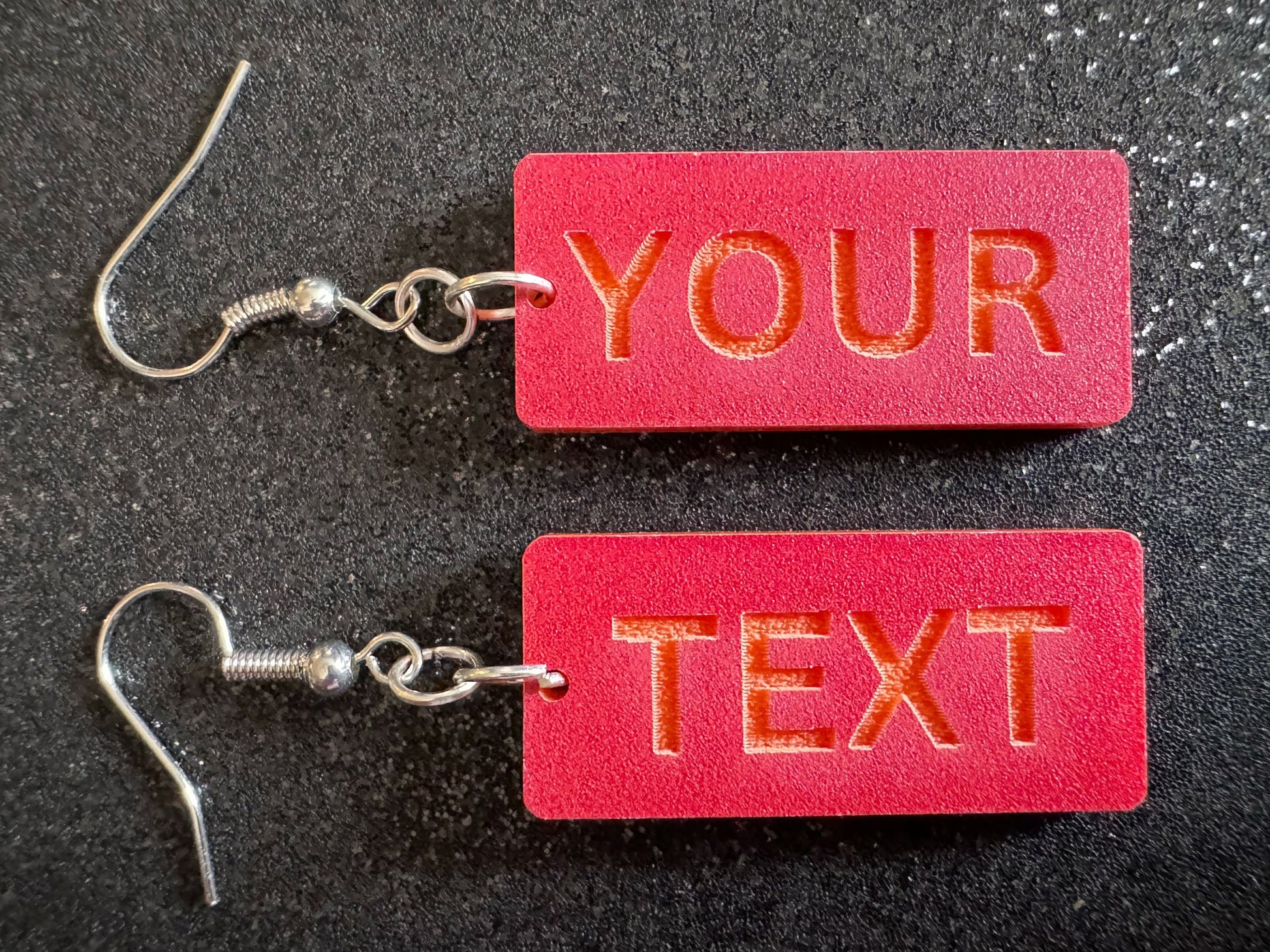 Custom Text Earrings: Laser Engraved Words, Red with Orange Text, Letters, Names, Teacher Gift, Anniversary, Best Gifts for Her/Him/Them