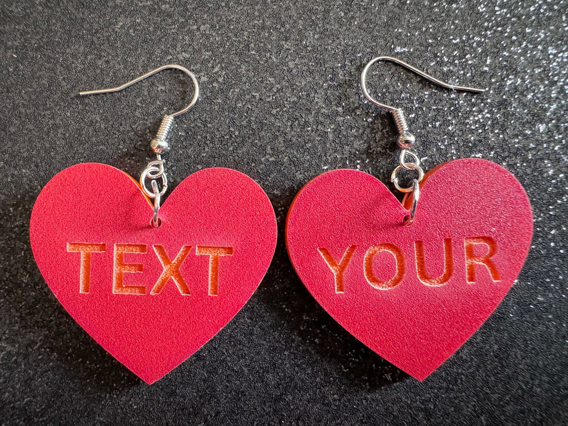 Custom Text Earrings: Laser Engraved Words, Red with Orange Text, Letters, Names, Teacher Gift, Anniversary, Best Gifts for Her/Him/Them