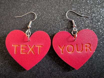 Custom Text Earrings: Laser Engraved Words, Red with Orange Text, Letters, Names, Teacher Gift, Anniversary, Best Gifts for Her/Him/Them