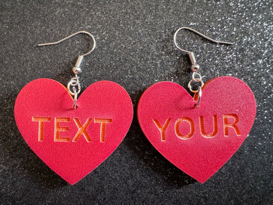 Custom Text Earrings: Laser Engraved Words, Red with Orange Text, Letters, Names, Teacher Gift, Anniversary, Best Gifts for Her/Him/Them
