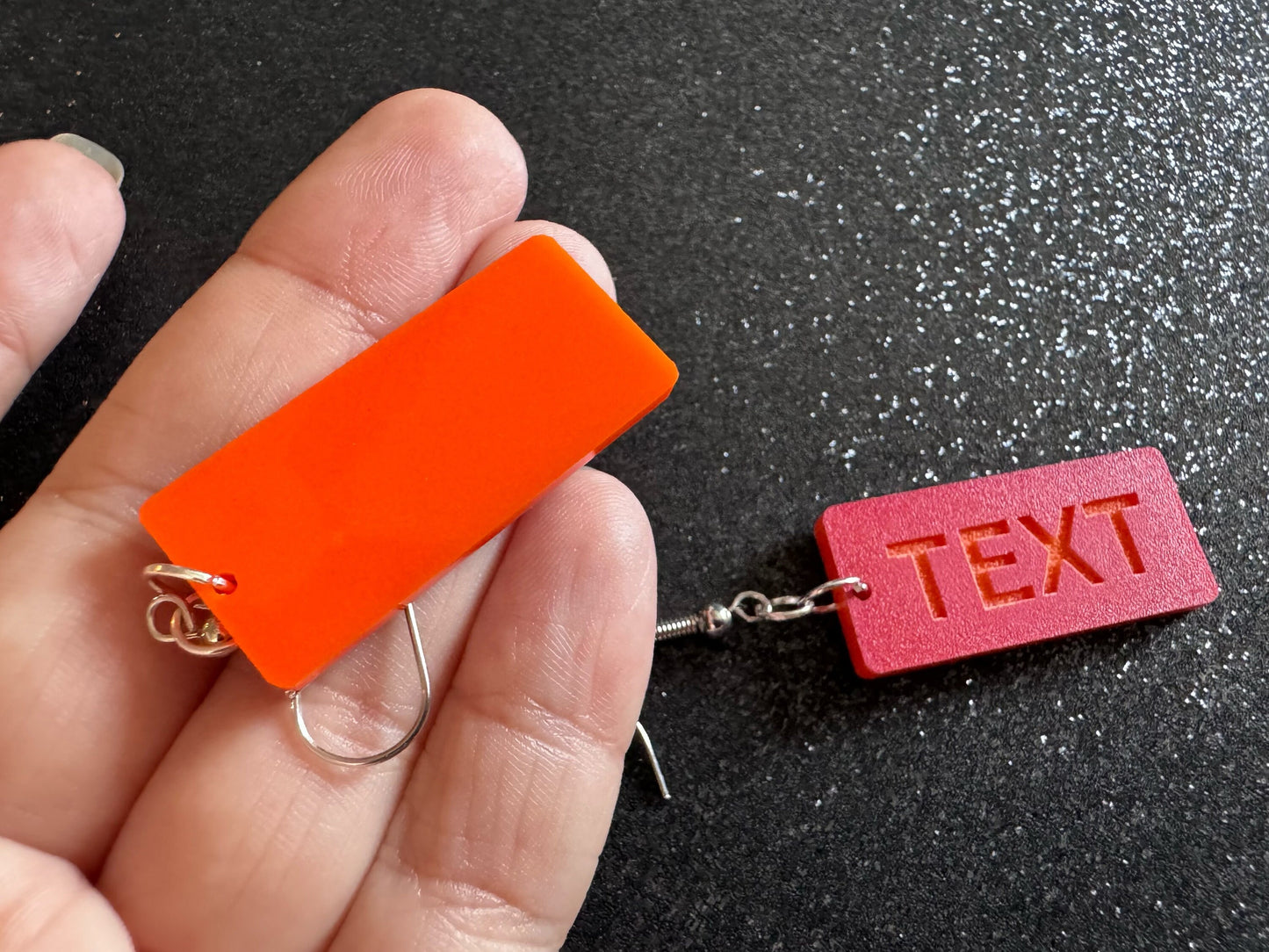 Custom Text Earrings: Laser Engraved Words, Red with Orange Text, Letters, Names, Teacher Gift, Anniversary, Best Gifts for Her/Him/Them
