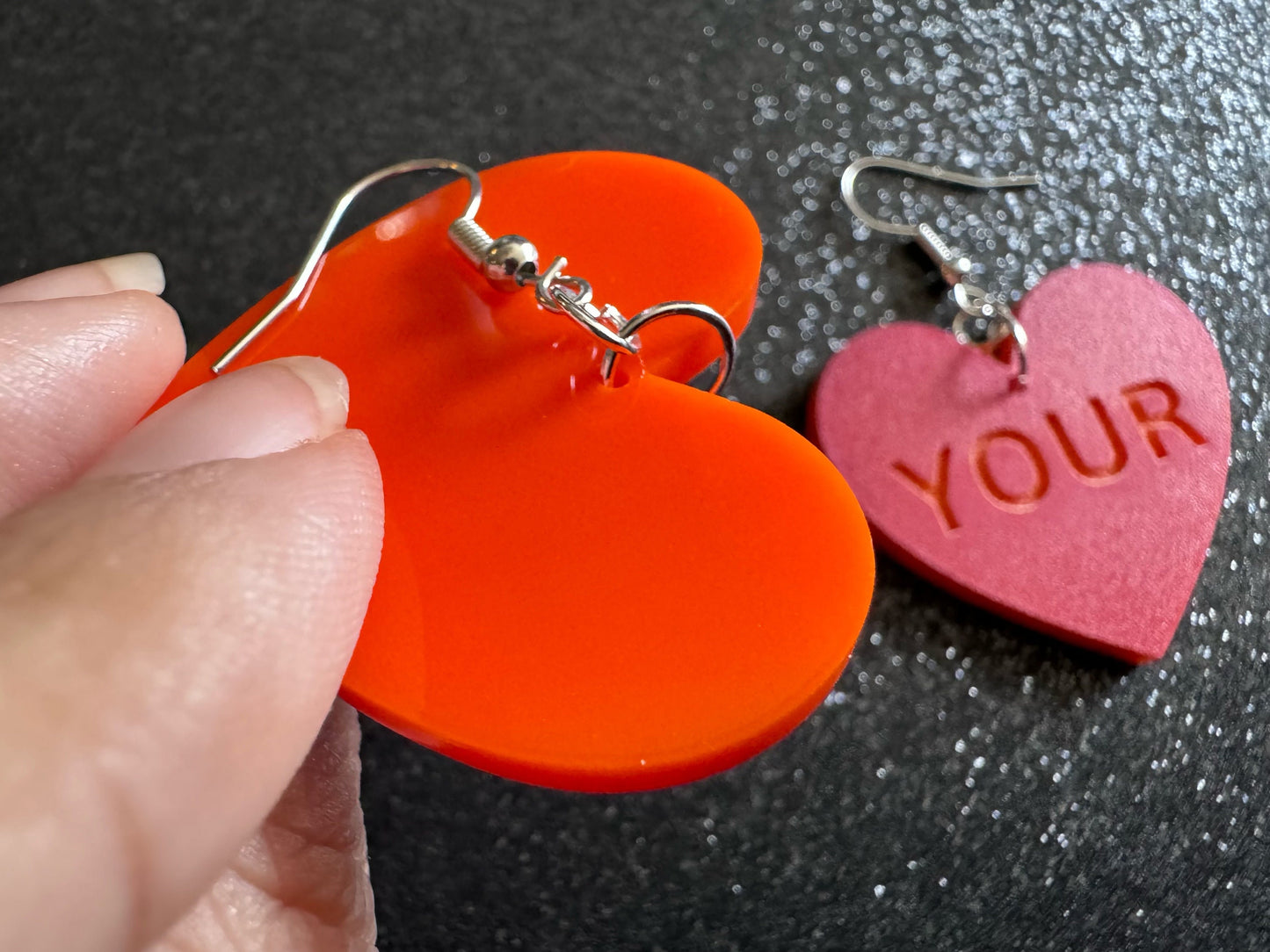 Custom Text Earrings: Laser Engraved Words, Red with Orange Text, Letters, Names, Teacher Gift, Anniversary, Best Gifts for Her/Him/Them