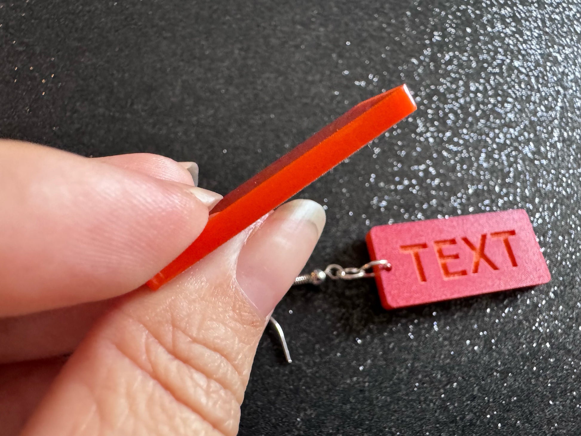 Custom Text Earrings: Laser Engraved Words, Red with Orange Text, Letters, Names, Teacher Gift, Anniversary, Best Gifts for Her/Him/Them