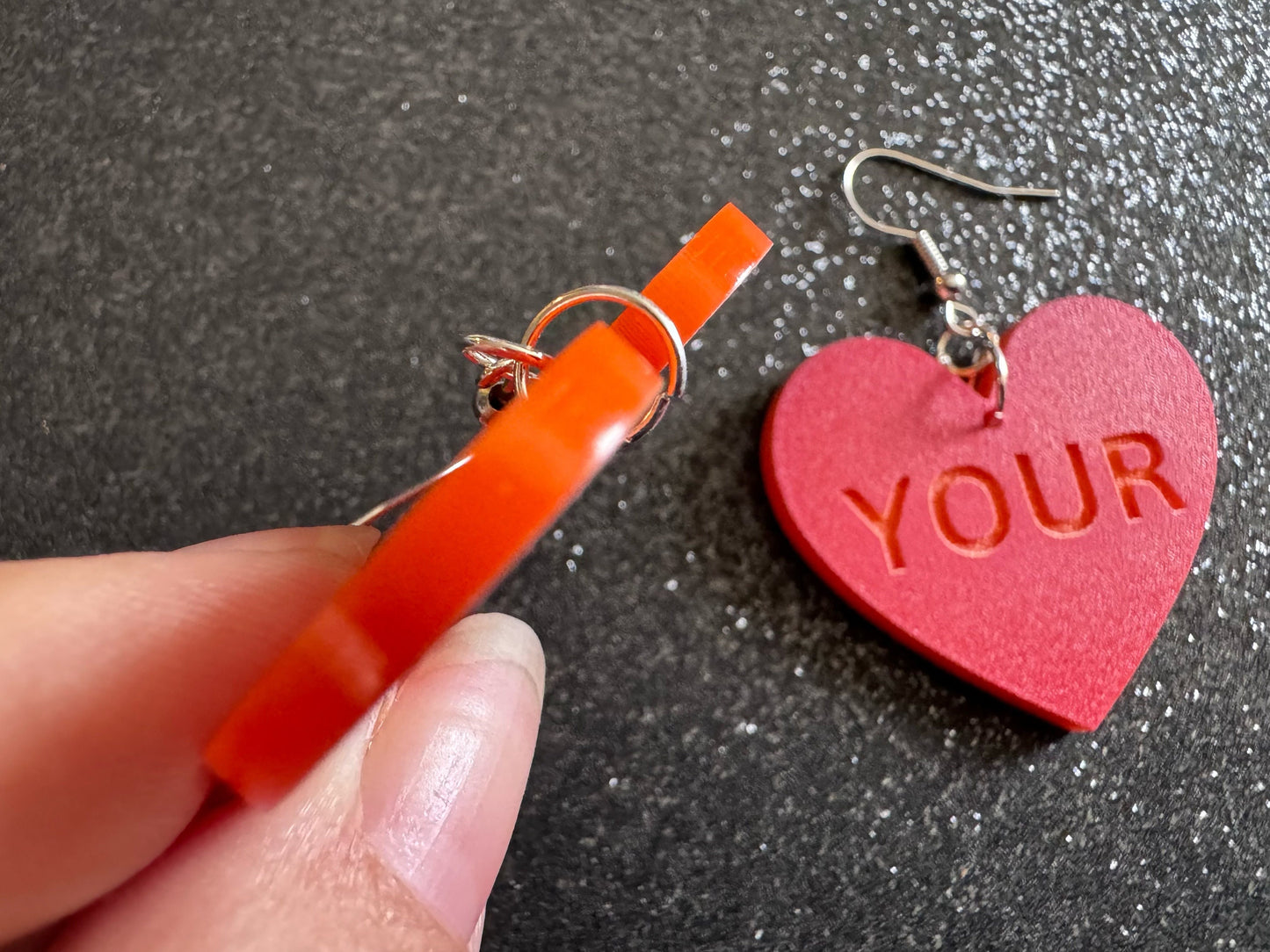 Custom Text Earrings: Laser Engraved Words, Red with Orange Text, Letters, Names, Teacher Gift, Anniversary, Best Gifts for Her/Him/Them