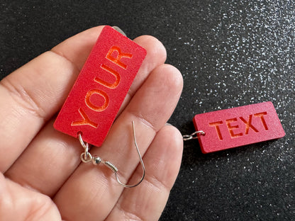 Custom Text Earrings: Laser Engraved Words, Red with Orange Text, Letters, Names, Teacher Gift, Anniversary, Best Gifts for Her/Him/Them