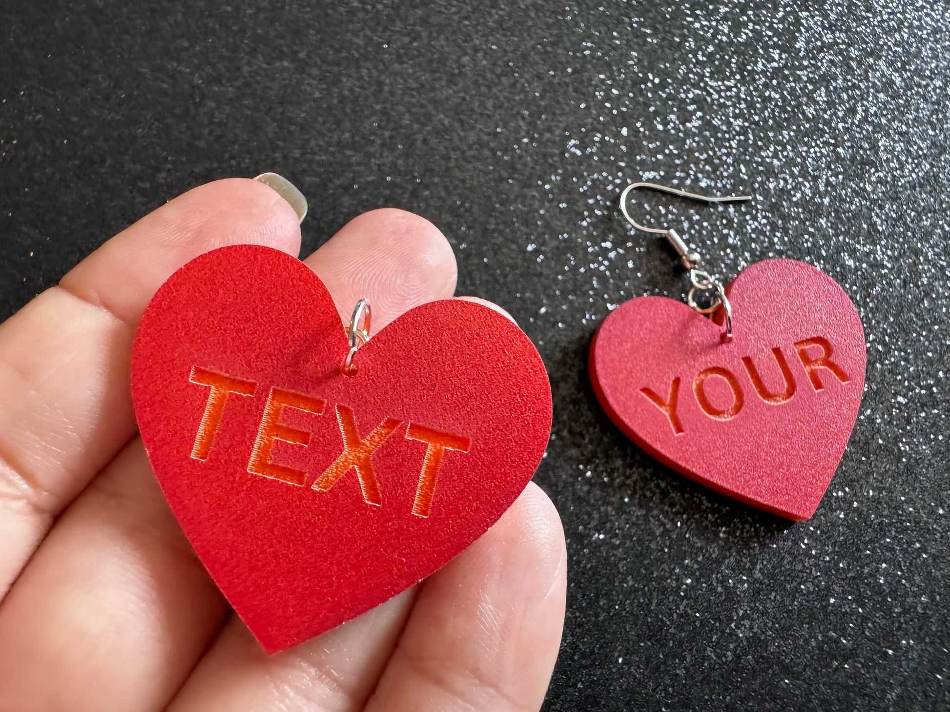 Custom Text Earrings: Laser Engraved Words, Red with Orange Text, Letters, Names, Teacher Gift, Anniversary, Best Gifts for Her/Him/Them