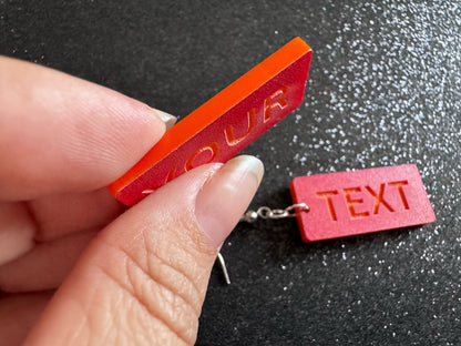Custom Text Earrings: Laser Engraved Words, Red with Orange Text, Letters, Names, Teacher Gift, Anniversary, Best Gifts for Her/Him/Them