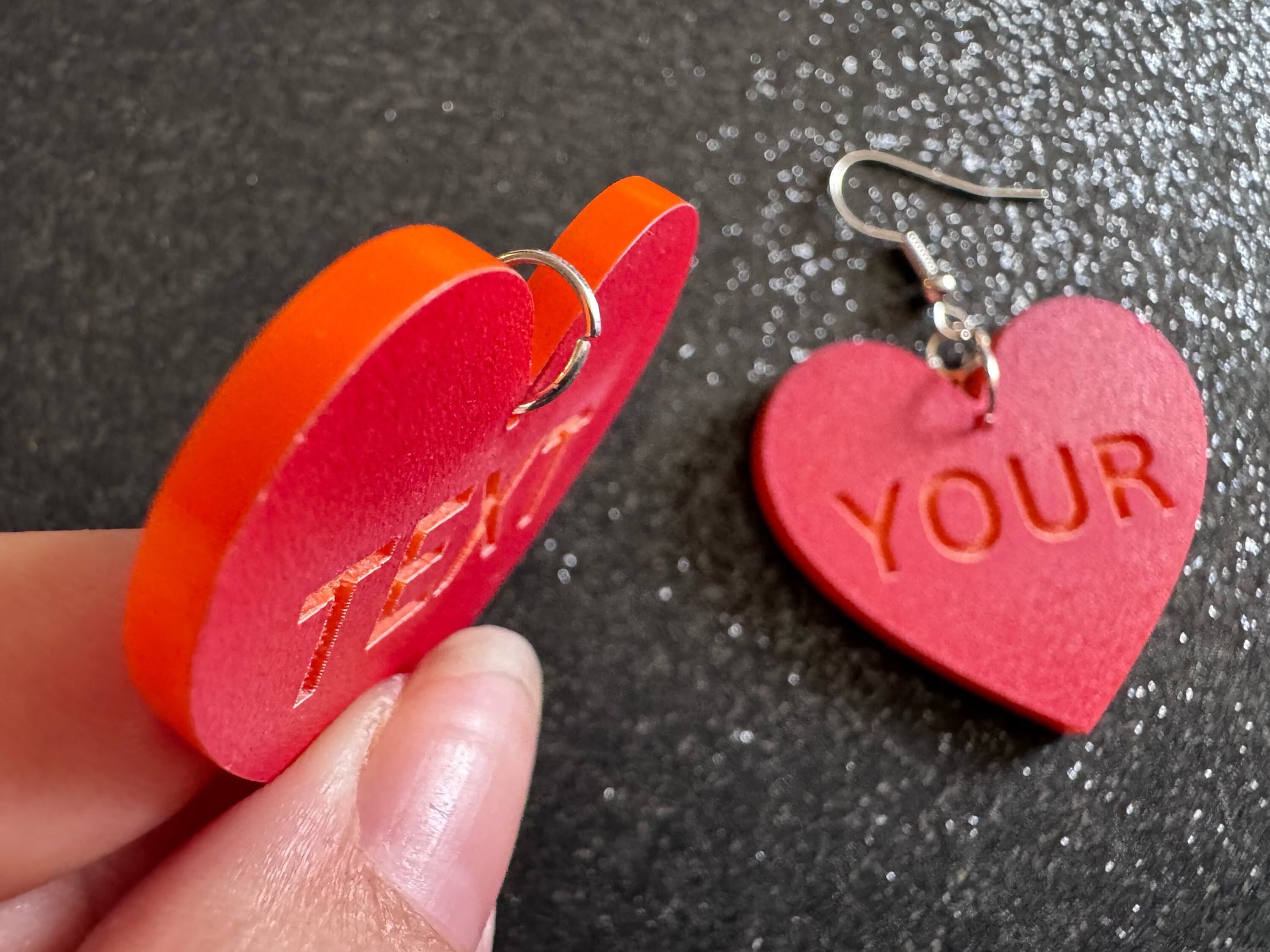 Custom Text Earrings: Laser Engraved Words, Red with Orange Text, Letters, Names, Teacher Gift, Anniversary, Best Gifts for Her/Him/Them