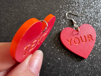 Custom Text Earrings: Laser Engraved Words, Red with Orange Text, Letters, Names, Teacher Gift, Anniversary, Best Gifts for Her/Him/Them