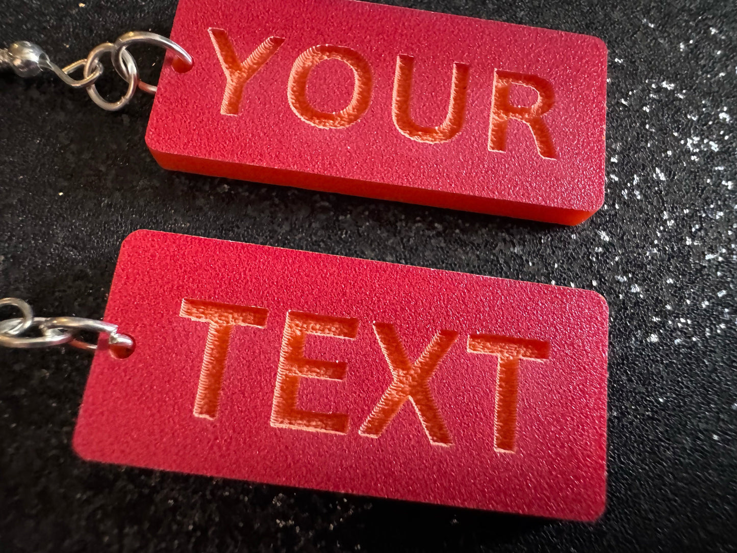 Custom Text Earrings: Laser Engraved Words, Red with Orange Text, Letters, Names, Teacher Gift, Anniversary, Best Gifts for Her/Him/Them