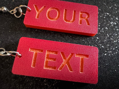 Custom Text Earrings: Laser Engraved Words, Red with Orange Text, Letters, Names, Teacher Gift, Anniversary, Best Gifts for Her/Him/Them