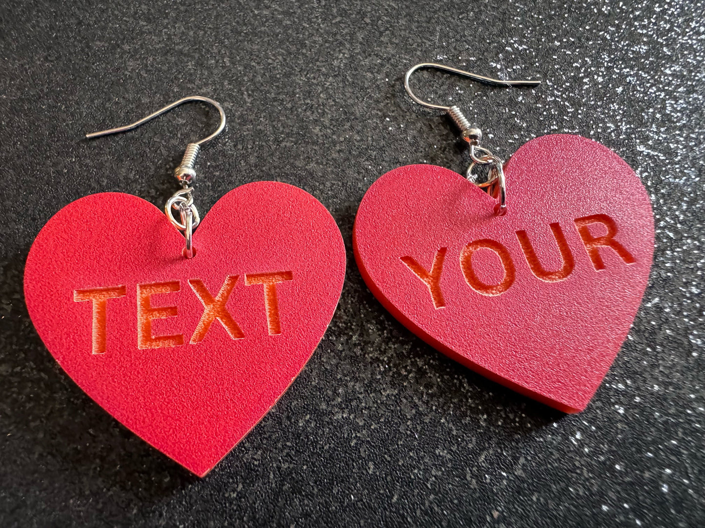 Custom Text Earrings: Laser Engraved Words, Red with Orange Text, Letters, Names, Teacher Gift, Anniversary, Best Gifts for Her/Him/Them