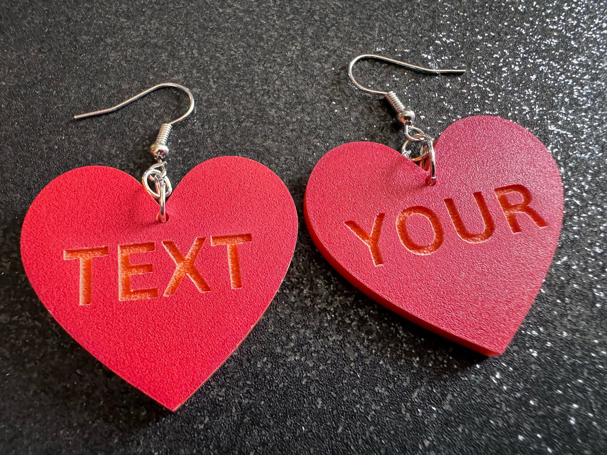 Custom Text Earrings: Laser Engraved Words, Red with Orange Text, Letters, Names, Teacher Gift, Anniversary, Best Gifts for Her/Him/Them