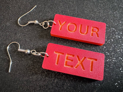 Custom Text Earrings: Laser Engraved Words, Red with Orange Text, Letters, Names, Teacher Gift, Anniversary, Best Gifts for Her/Him/Them