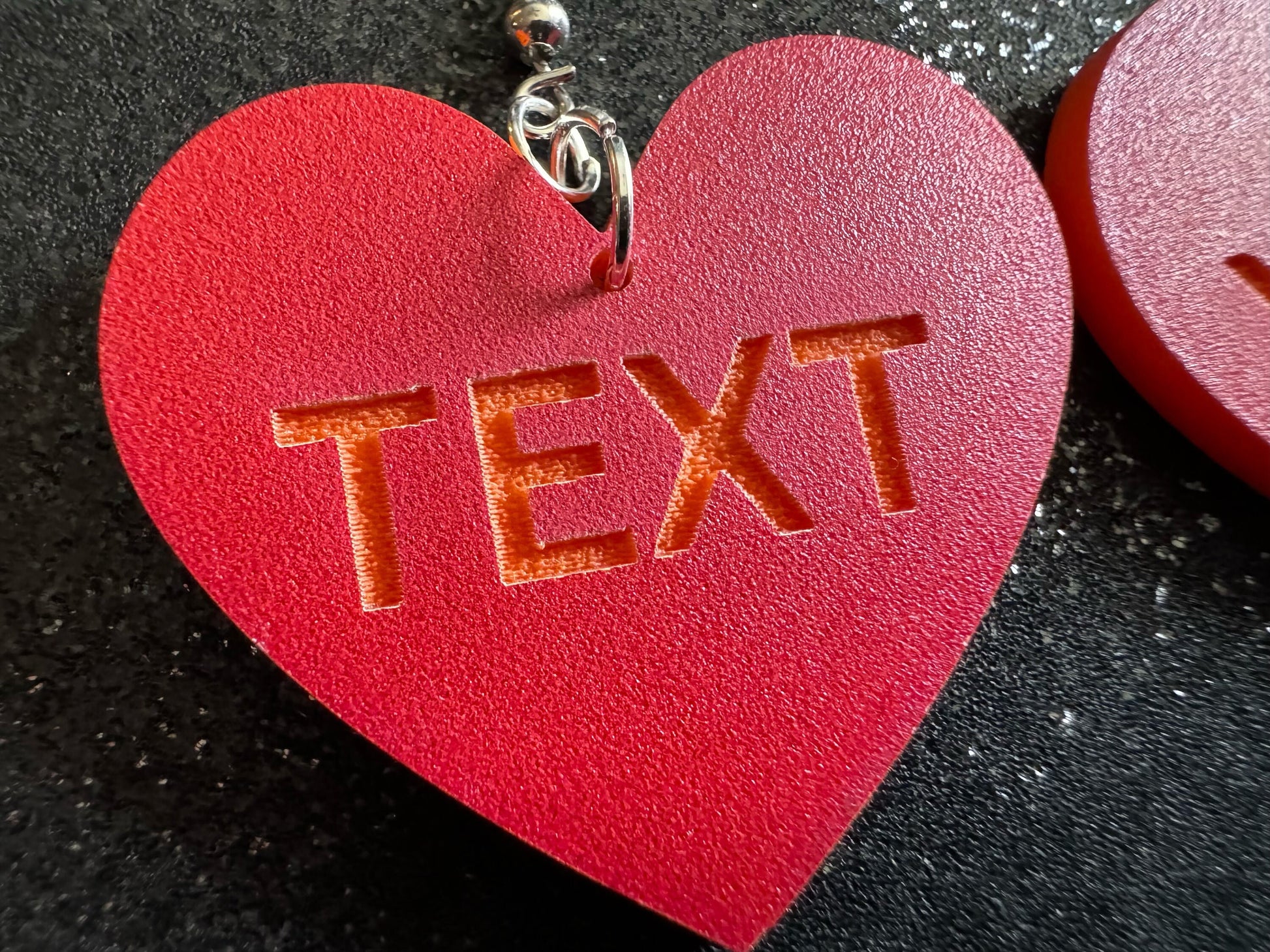 Custom Text Earrings: Laser Engraved Words, Red with Orange Text, Letters, Names, Teacher Gift, Anniversary, Best Gifts for Her/Him/Them