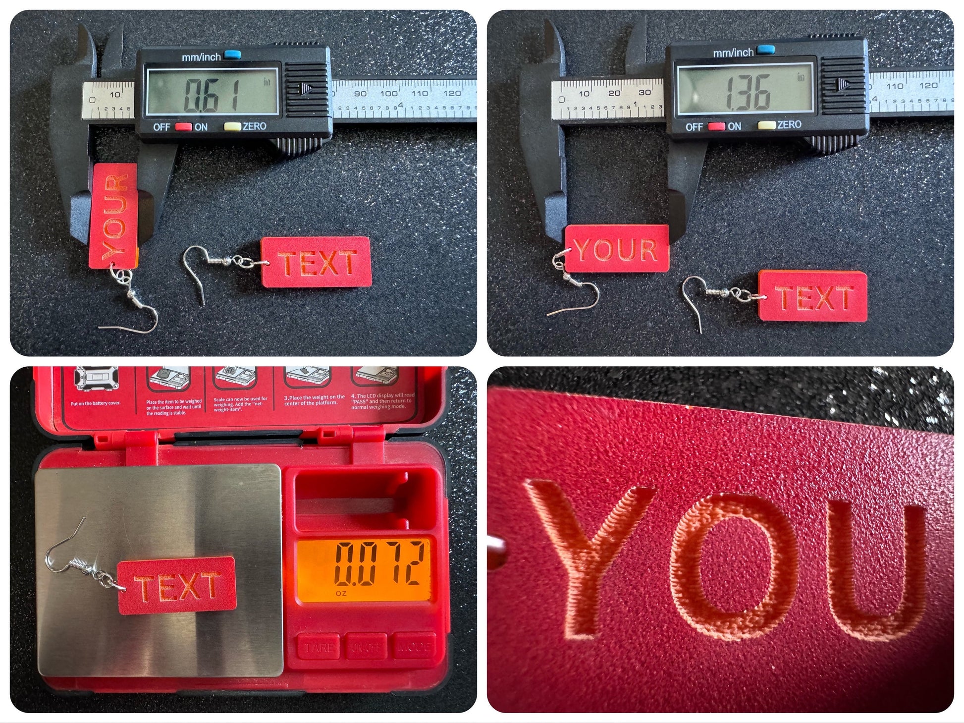 Custom Text Earrings: Laser Engraved Words, Red with Orange Text, Letters, Names, Teacher Gift, Anniversary, Best Gifts for Her/Him/Them