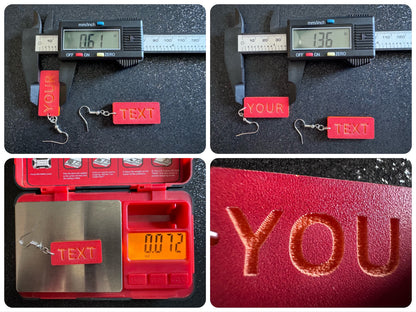 Custom Text Earrings: Laser Engraved Words, Red with Orange Text, Letters, Names, Teacher Gift, Anniversary, Best Gifts for Her/Him/Them