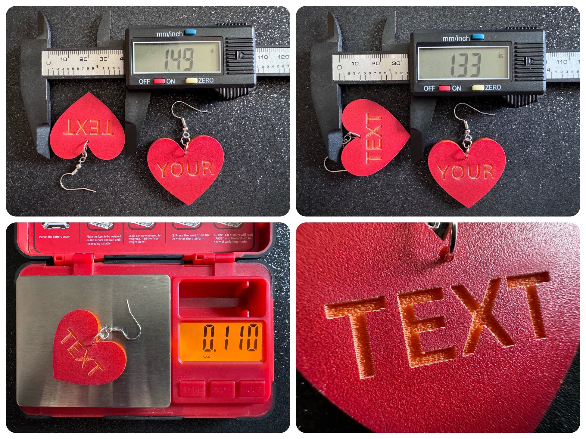 Custom Text Earrings: Laser Engraved Words, Red with Orange Text, Letters, Names, Teacher Gift, Anniversary, Best Gifts for Her/Him/Them