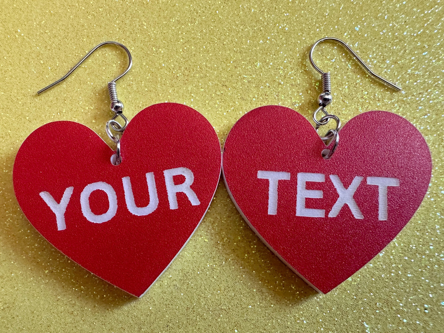 Custom Text Earrings: Laser Engraved Words, Red with White Text, Letters, Names, Teacher Gift, Anniversary, Best Gifts for Her/Him/Them