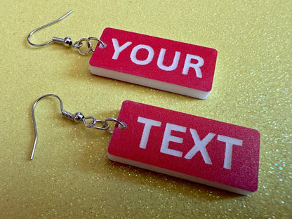 Custom Text Earrings: Laser Engraved Words, Red with White Text, Letters, Names, Teacher Gift, Anniversary, Best Gifts for Her/Him/Them