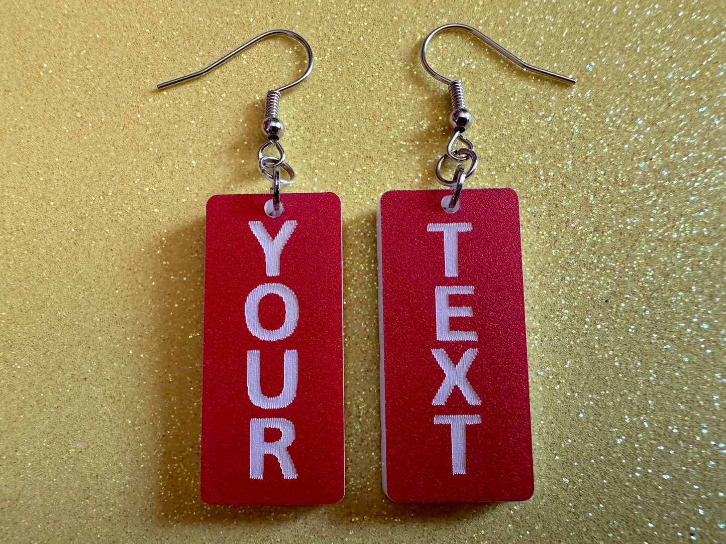 Custom Text Earrings: Laser Engraved Words, Red with White Text, Letters, Names, Teacher Gift, Anniversary, Best Gifts for Her/Him/Them