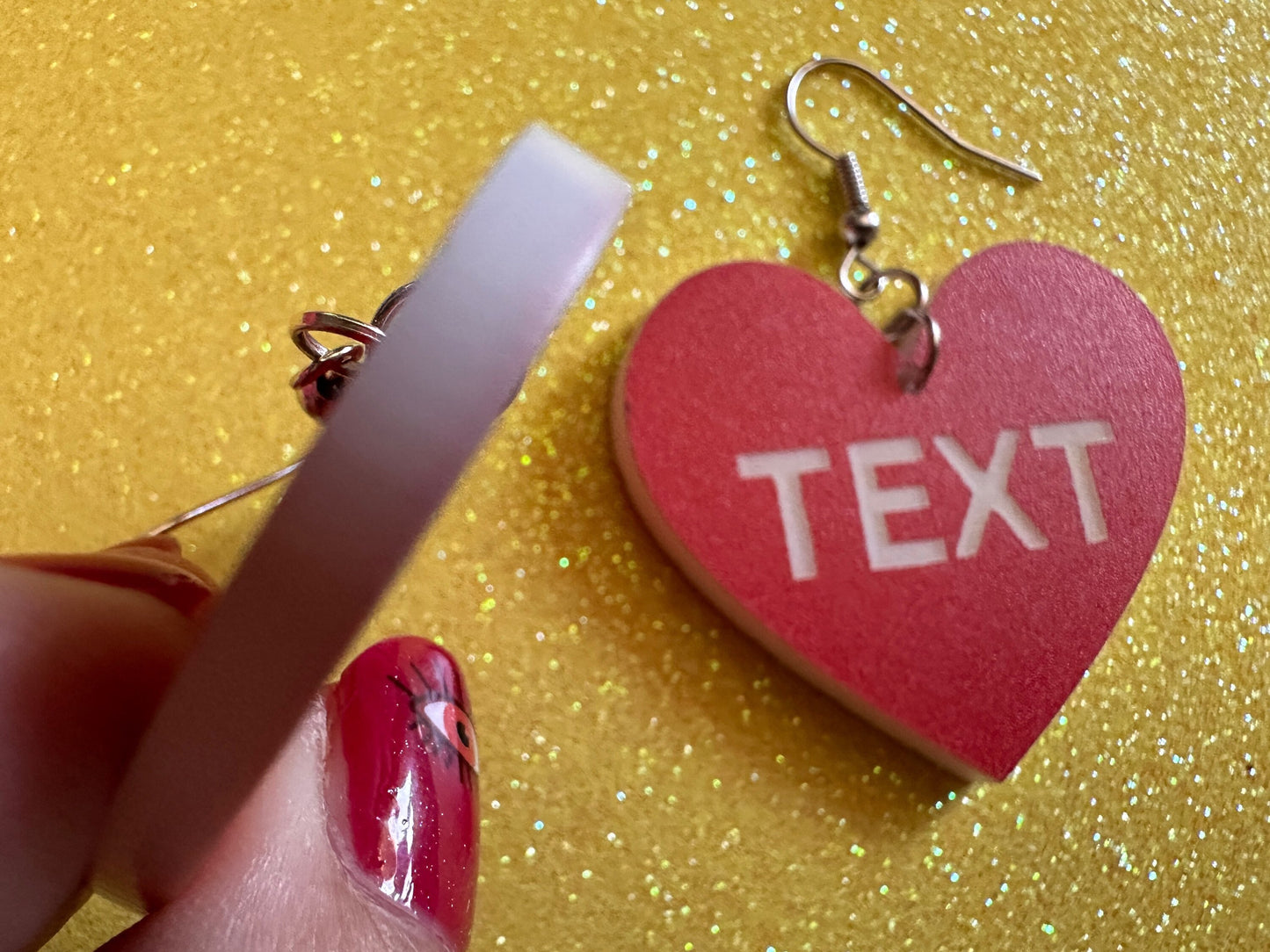 Custom Text Earrings: Laser Engraved Words, Red with White Text, Letters, Names, Teacher Gift, Anniversary, Best Gifts for Her/Him/Them